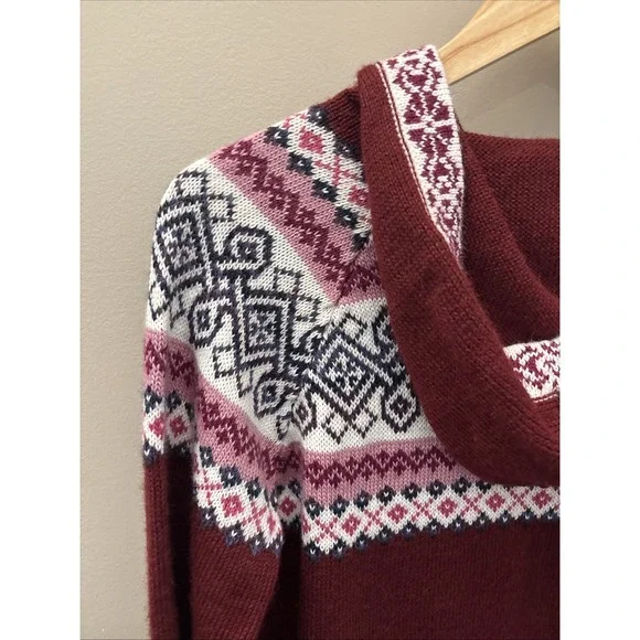 Artesania Hooded Pullover Fair Isle Sweater Lace Up Alpaca Women's Size L Peru - Picture 10 of 15